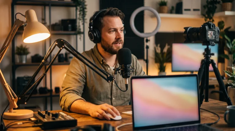Creator recording a voiceover at a home desk while planning faceless YouTube channel ideas