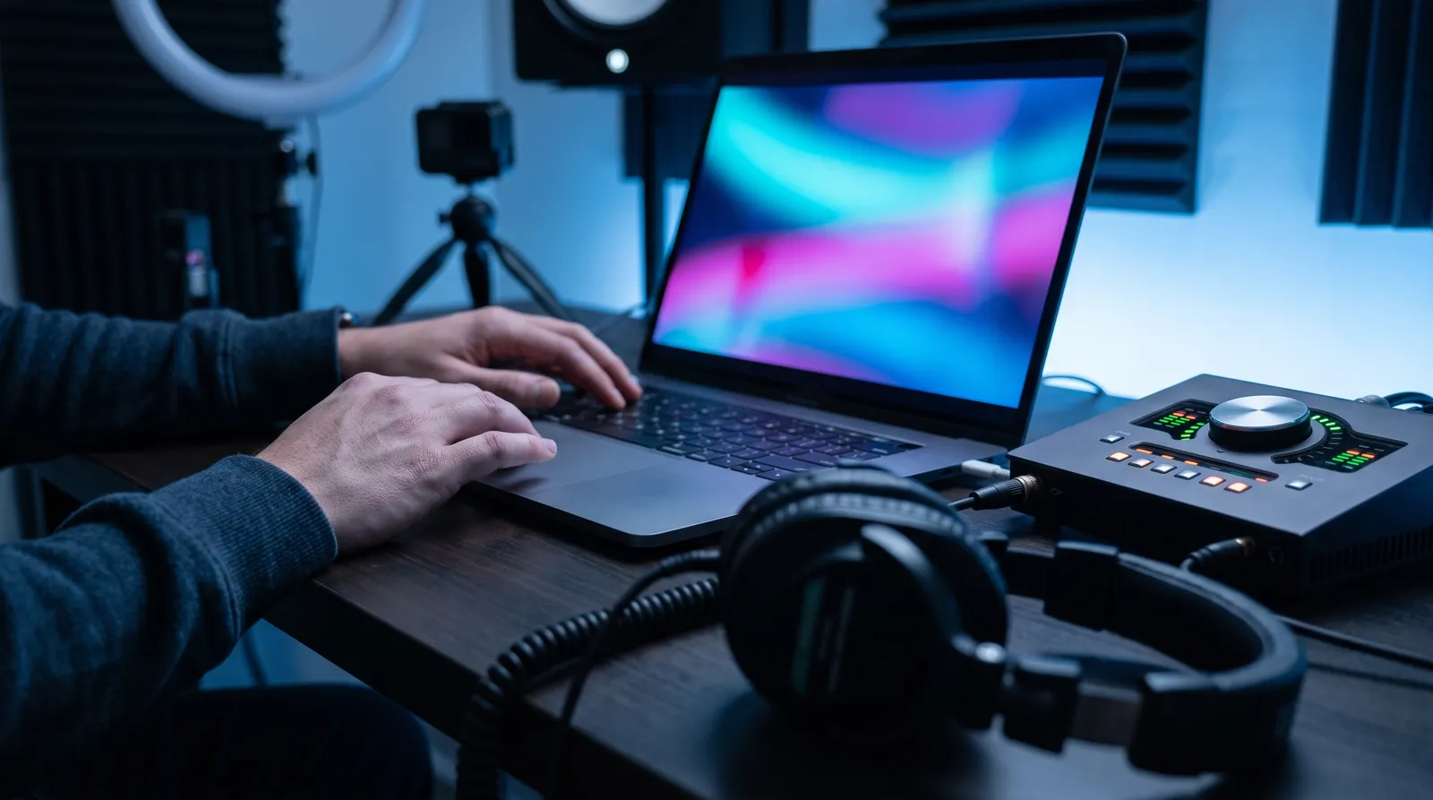 Hands editing video on a laptop next to an audio interface and headphones in a dim room