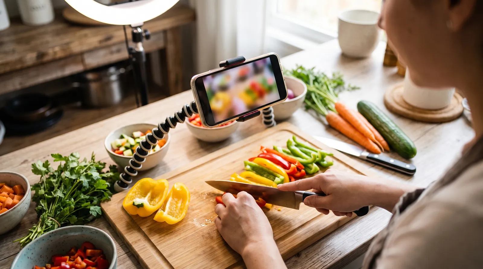 Overhead view of hands cooking while a phone on a tripod arm films the counter from above