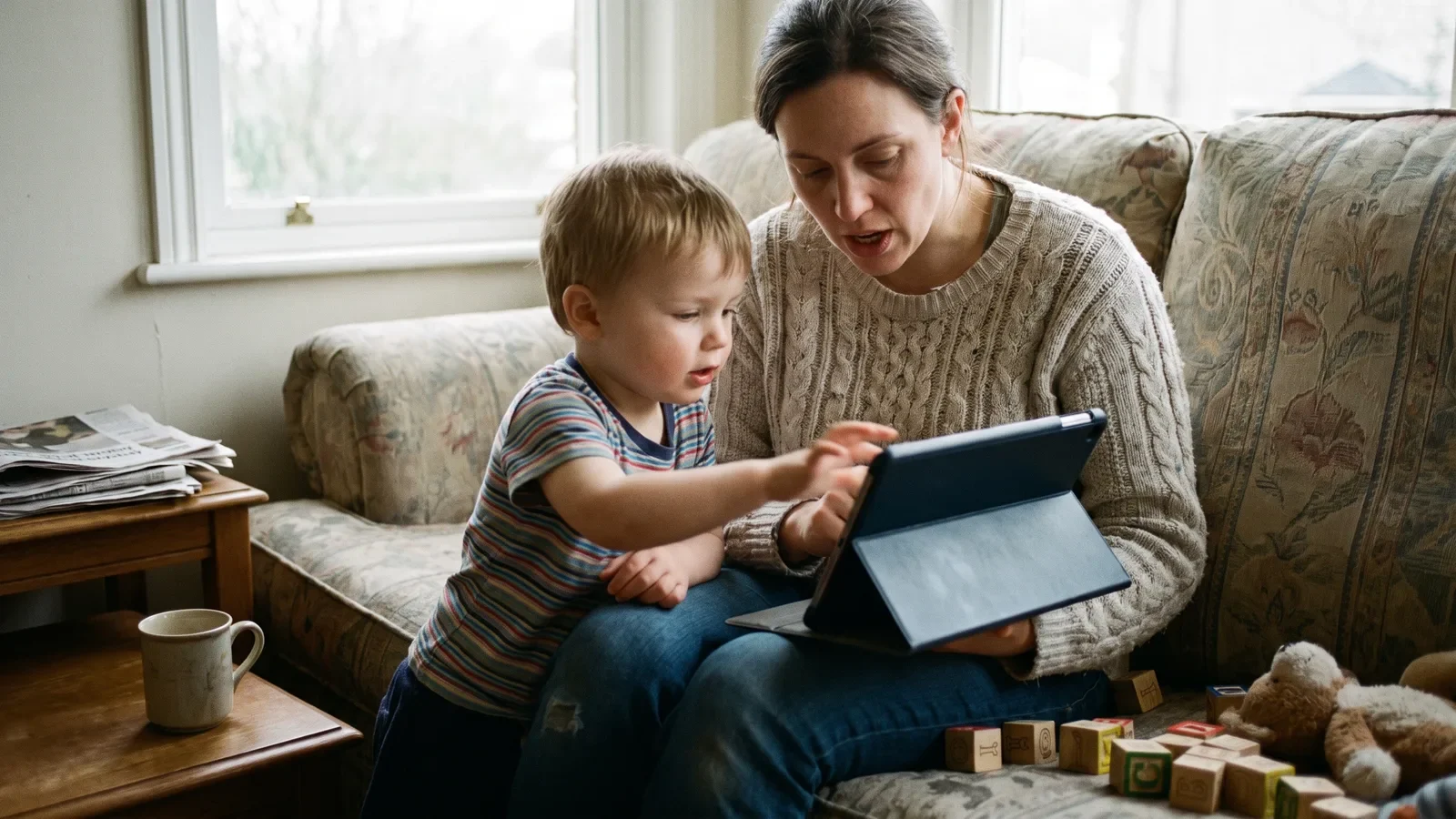 Adult and young child on a sofa share one tablet; child points at the screen, adult leans in.