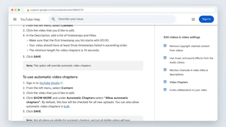 YouTube Help page explaining how to add chapters to a YouTube video with manual timestamp requirements