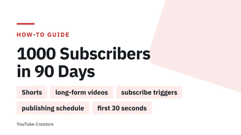 Title card: 1000 Subscribers in 90 Days — Shorts, long-form videos, subscribe triggers, publishing schedule, first 30 seconds