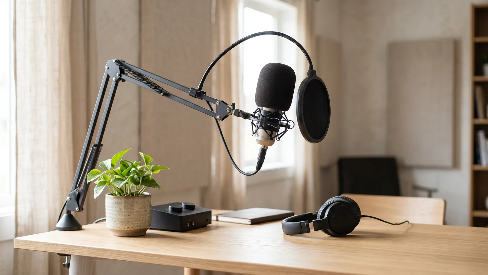 Boom-arm microphone with pop filter, headphones, small audio interface and a plant on a bright wooden desk