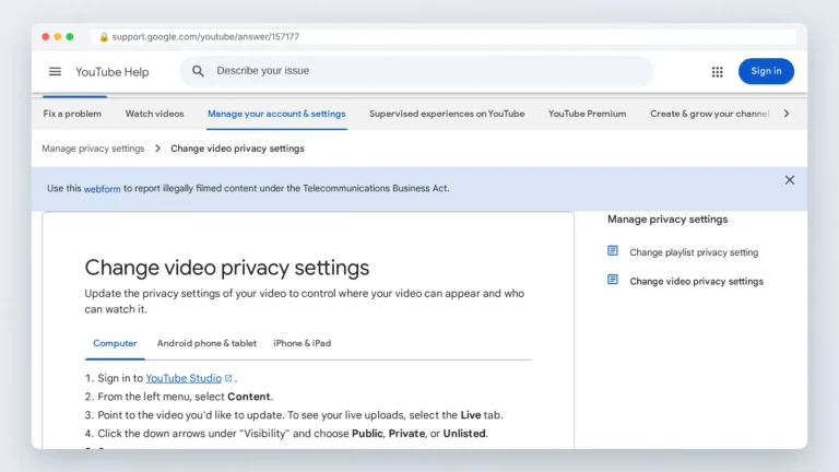 YouTube Help page for changing video privacy settings, the screen used to make your YouTube channel private