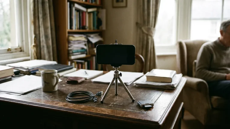 Smartphone clamped vertically in a tabletop tripod on a cluttered home desk