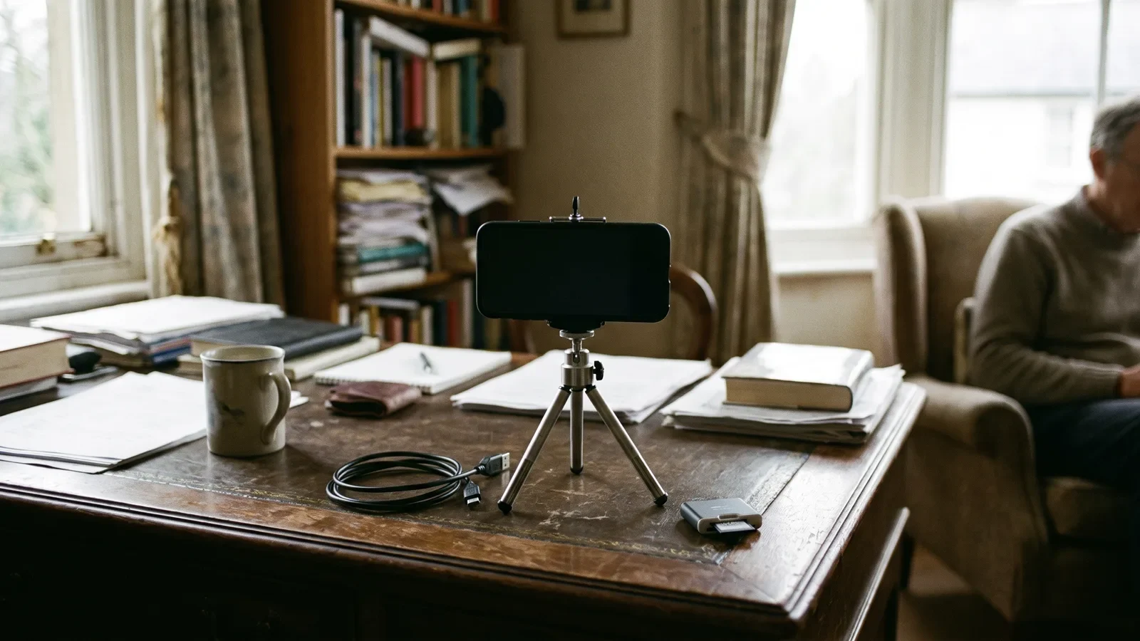 Smartphone clamped vertically in a tabletop tripod on a cluttered home desk