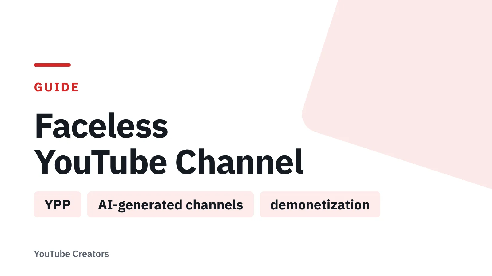 Title card: Faceless YouTube Channel — YPP, AI-generated channels, demonetization