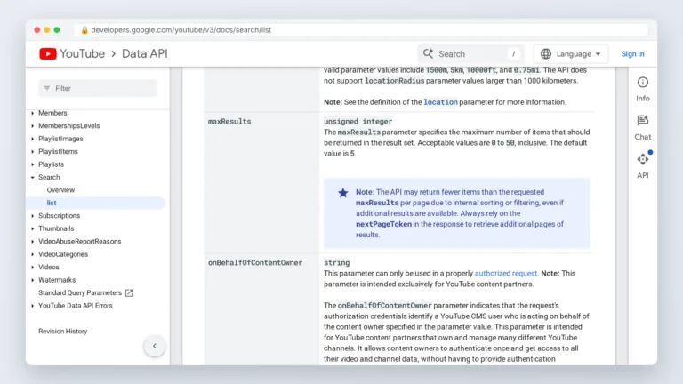 YouTube Data API search.list docs page showing maxResults, the core of a DIY youtube channel finder