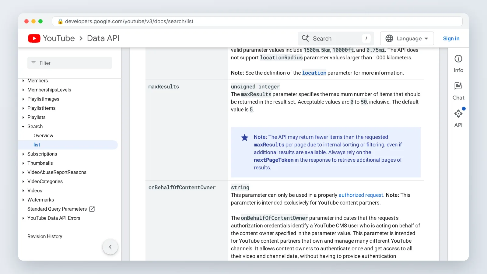 YouTube Data API search.list docs page showing maxResults, the core of a DIY youtube channel finder