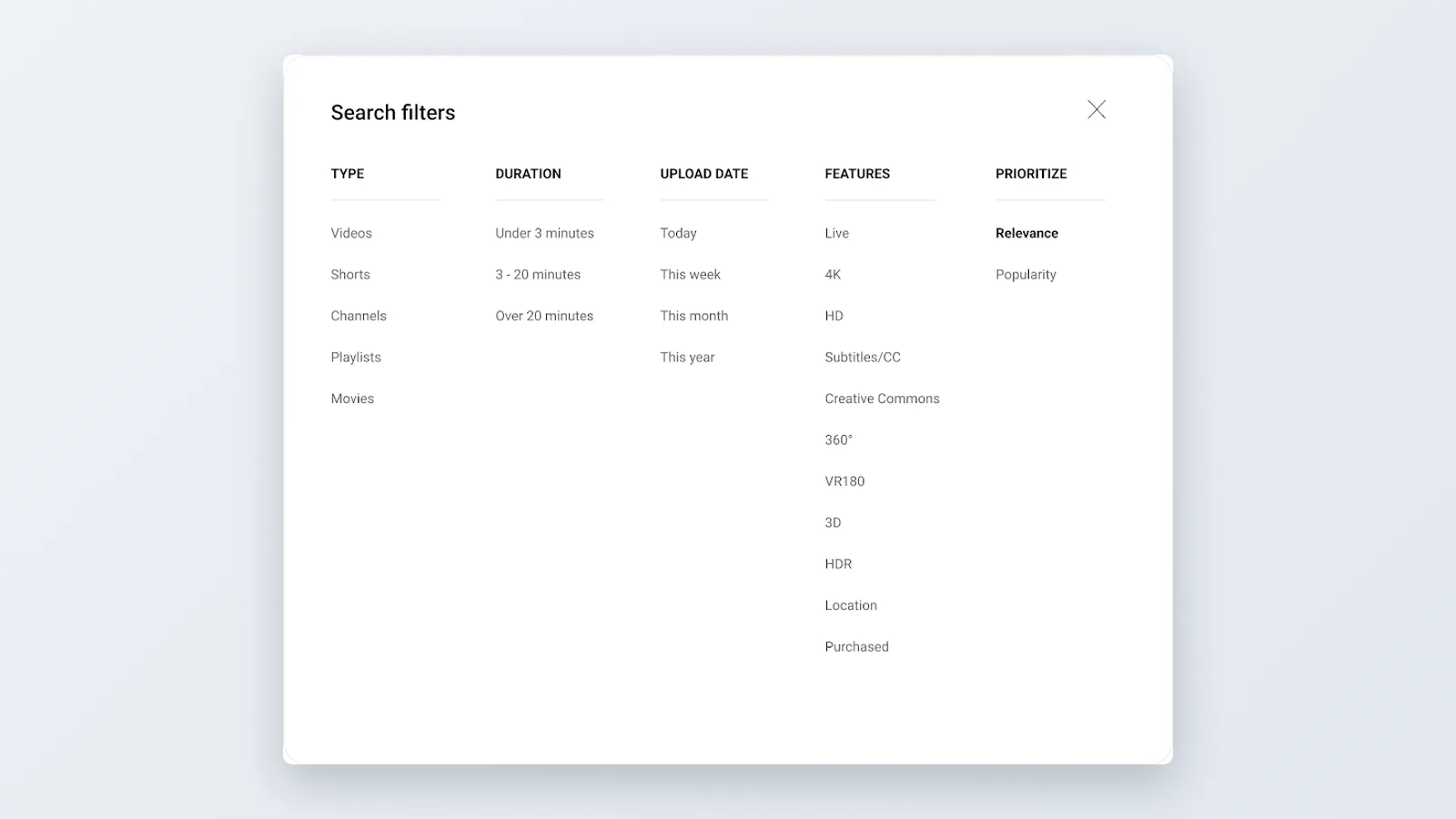 YouTube screen: Search results page: Filters panel with Type set to Channel
