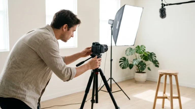 Man in a linen shirt adjusting a camera on a tripod in a bright empty studio with softbox, boom mic, plant and stool