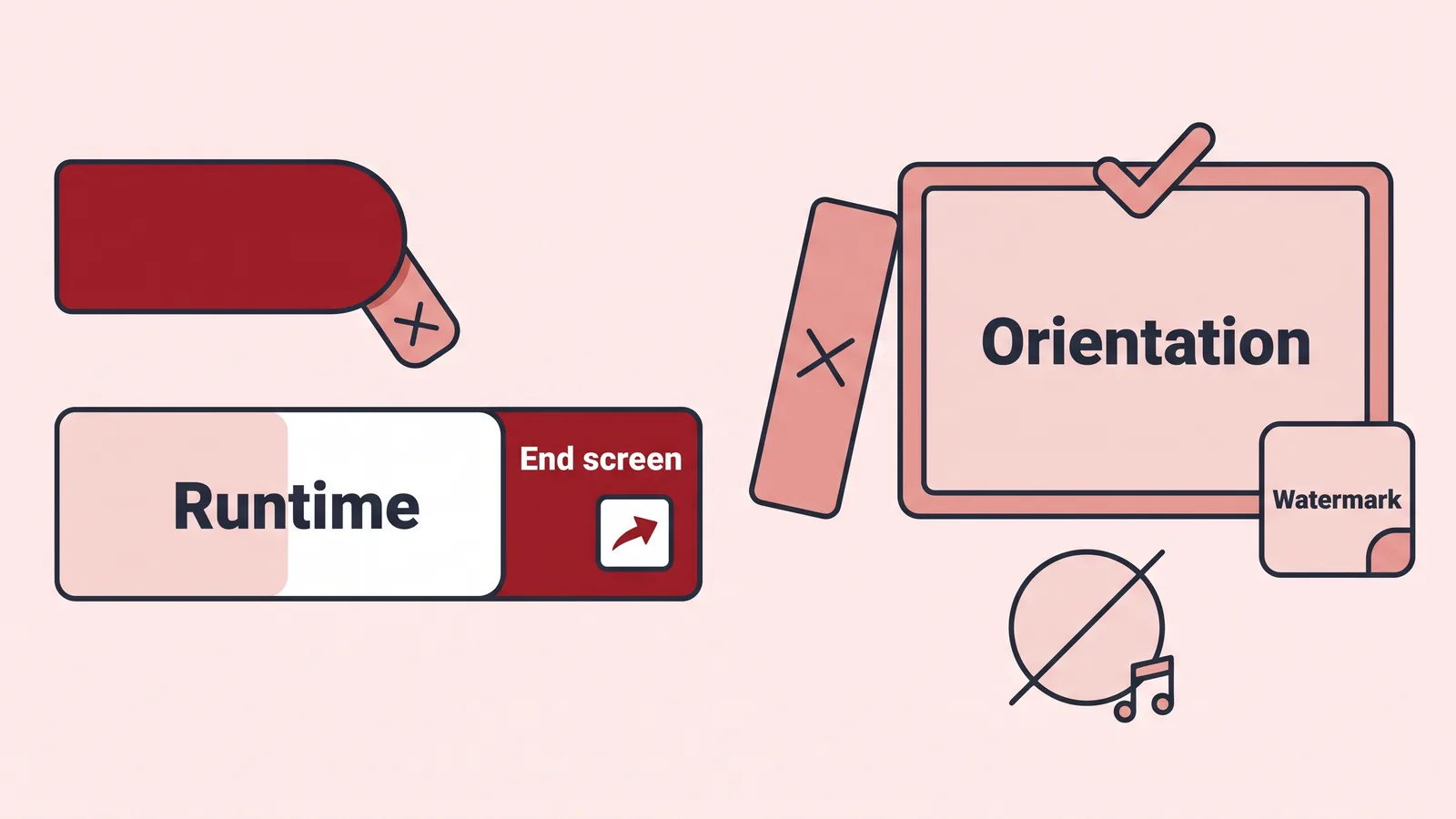 Flat illustration of a runtime bar with end screen segment, a ticked orientation screen and a watermark card