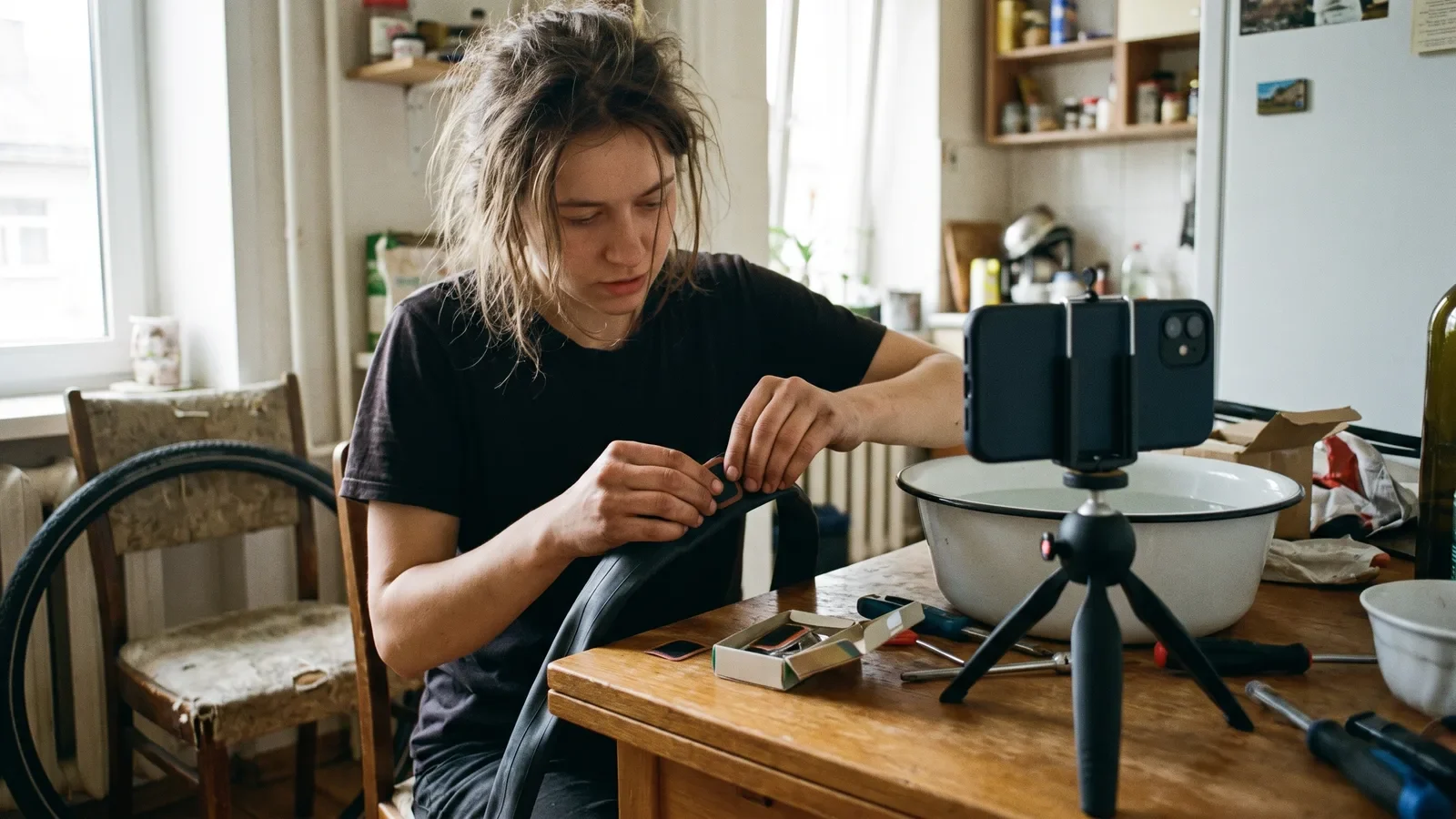 Phone on a small tripod aimed at hands patching a bicycle inner tube on a kitchen table.