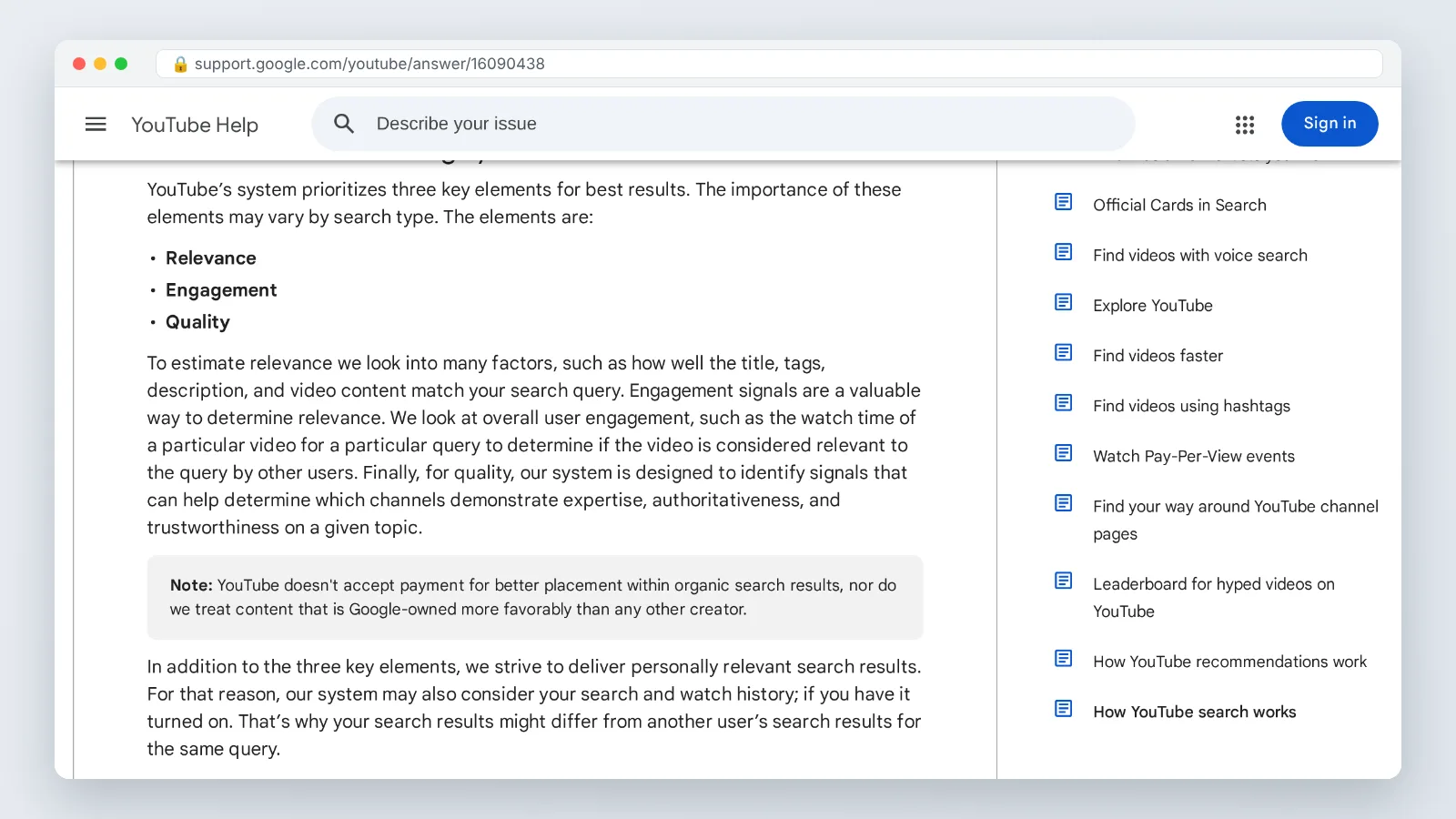 YouTube's How YouTube Works search page describing relevance, engagement and quality